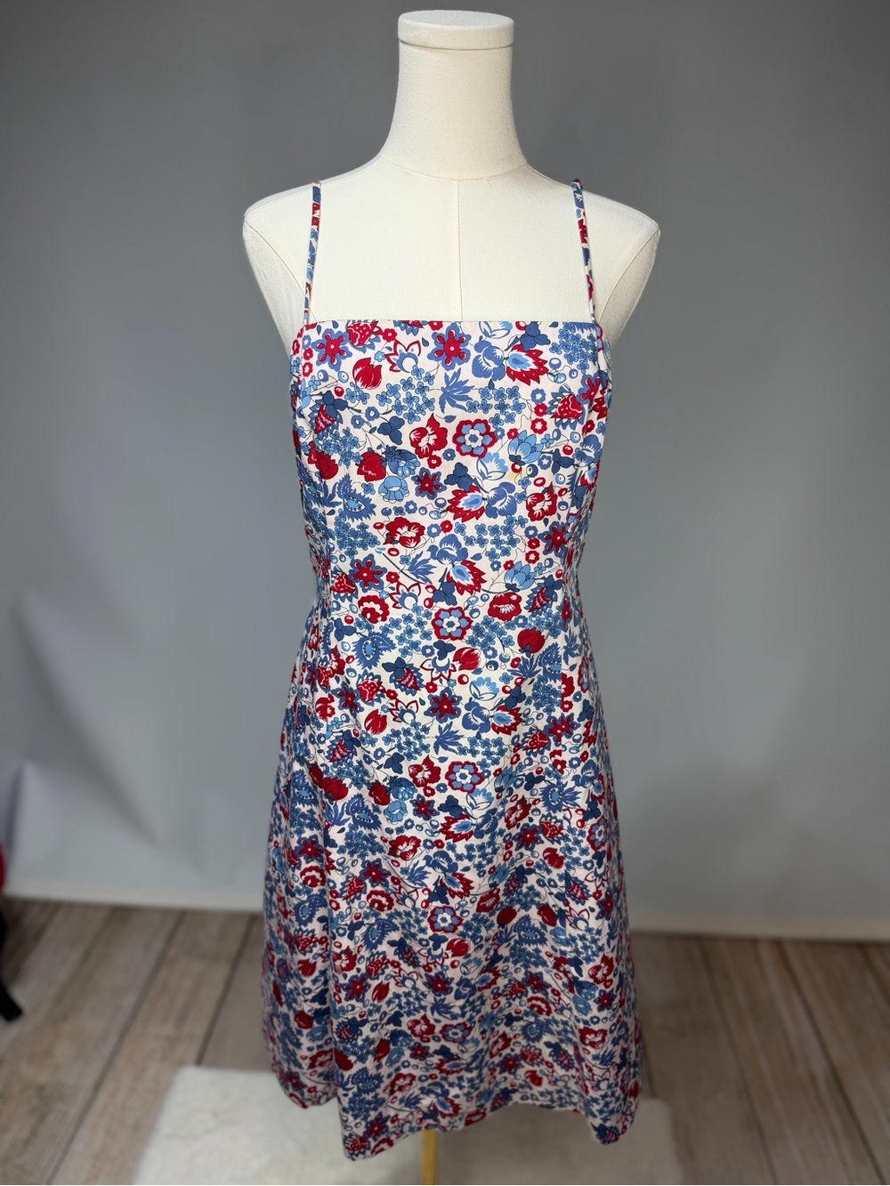 Ann Taylor Floral Square-Neck Spaghetti Strap Mini Dress in Red, Blue & White